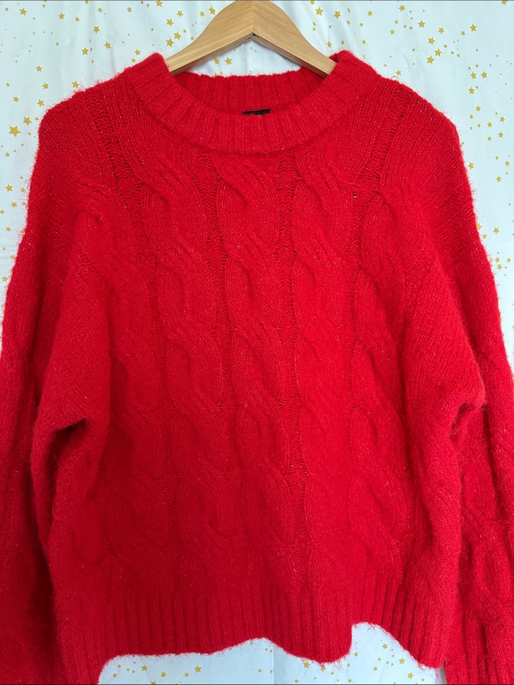 Women's Red Cable Knit Crewneck Sweater